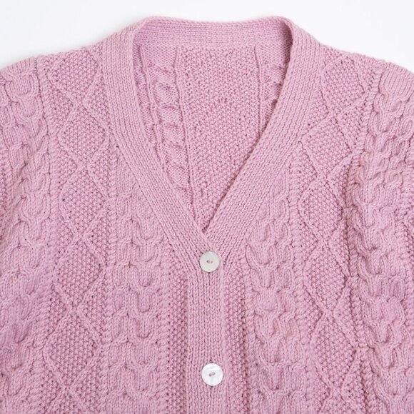 Hand Knitted Cardigan Pink Sweater Chunky Diamond Stitch Oversized M/L - Picture 5 of 10